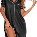 Ekouaer Women's Satin Nightshirt Button Down Sleepshirt Silk Short Sleeve Nightgown Boyfriend Notch Collar Sleepwear (XX-Large, Black)
