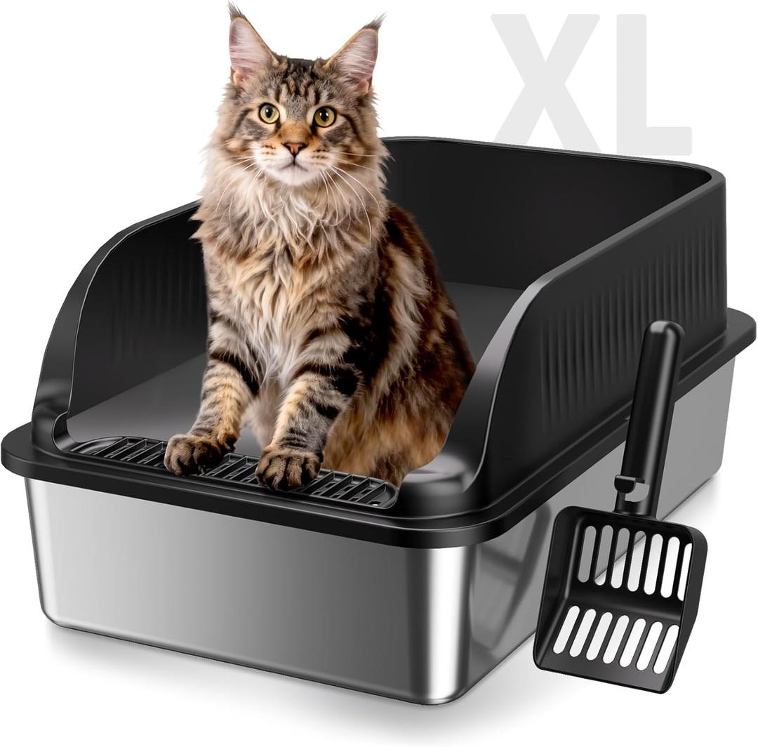 Extra Large Stainless Steel Litter Box with Lid, XL Odor Free Metal Litter Box with High Sides for Big Cats, Open Top Easy Cleaning Kitty Box Anti-Urine Leakage, Non-Sticky, Include Scoop, Black