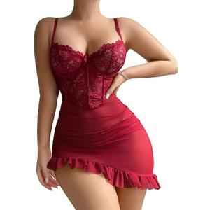 Vicarly Sexy Corset Bodycon Ruffle Floral Lace Sheer Mesh Underwire Babydoll Lingerie Dress Set 2 Piece with Thong Women See Through Ruched Chemise Negligee Wine Red X-Large