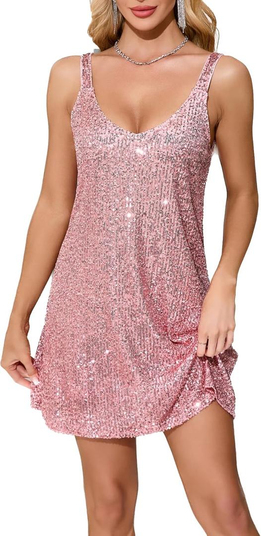 Women's Glitter Sequin Dress Spaghetti Strap V Neck Party Cocktail Sparkly Mini Dress Clubwear (Medium, Pink)