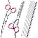 FAIGEO Dog Grooming Scissors with Safety Round Tips Stainless Steel Professional Dog Grooming Kit - Thinning, Curved Scissors and Comb for Cat Pet (Pink 4 in 1)