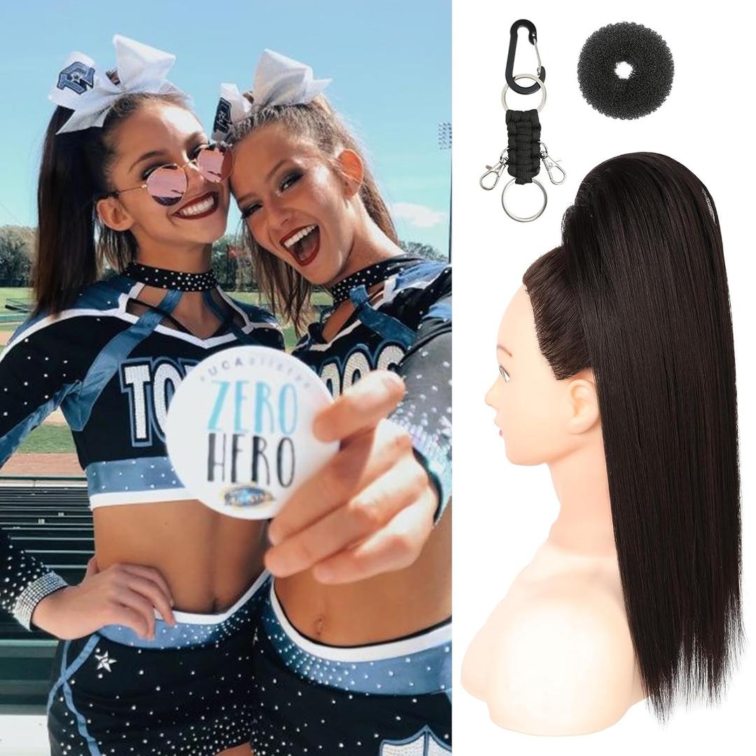 SEIKEA Cheer Ponytail Hair Piece, 16" Black Brown Straight Cheerleader Hairpiece Ponytail Extension for Cheerleader Competition, Dance Black Brown
