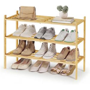 SONGMICS Bamboo Shoe Rack for Closet, Stackable Shoe Oragnizer with Modular Structure, Space-Saving Free Standing Shelf for Entryway Bedroom, 3-Tier, Holds 12-16 Pairs, Natural Color ULBS053YL01