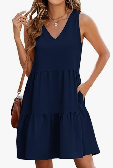 QACOHU Women's Summer Sleeveless V Neck Mini Dress with Pockets Casual Sundress Beach Dresses for Women 2026, Navy Blue, Size XL