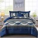 Anibedding Comforter Set King Size,8 Pieces Navy Blue Boho Bed in a Bag Patchwork Striped Comforter Set, Soft Microfiber Bedding Set for All Season(104"90")