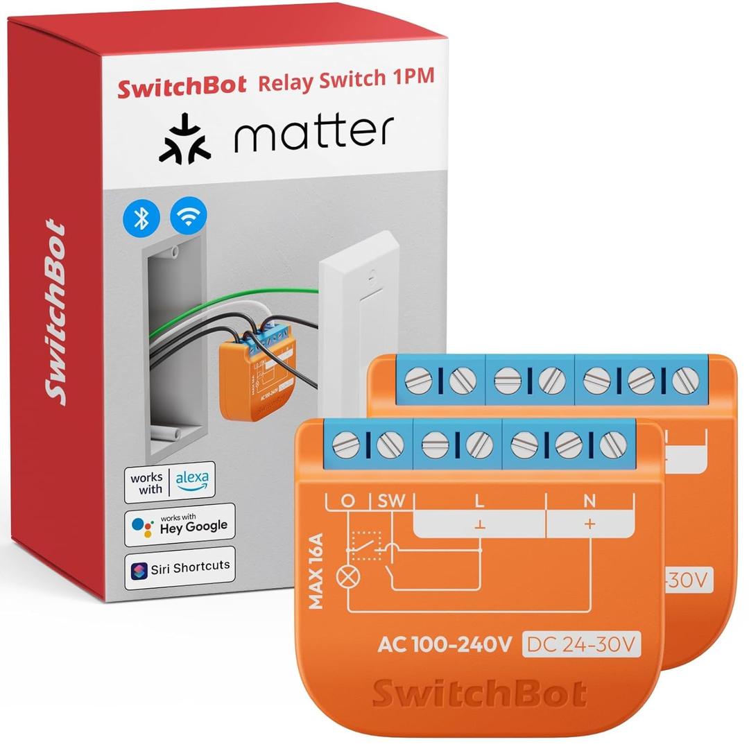SwitchBot Matte Relay Switch 1PM, WiFi Switch Compatible with Alexa/Apple Home/Google Home, Power-Measuring Relay Switch Module with Integrated Bluetooth Repeater, Bluetooth & Wi-Fi 2.4 GHz, 16 A