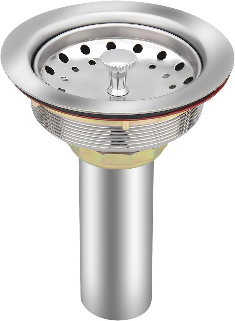 Kitchen Sink Drain Kit for Standard 3-1/2 inch Drain - Fit 1-1/2 inch Pipe - Stainless Steel Basket with Knob - Rubber Stopper Bottom - 3.5" Kitchen Sink drain Strainer Replacement Kit (Nature)