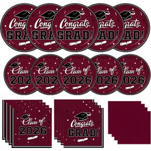 Gatherfun Graduation decorations 2026 Graduation Party Supplies Maroon Disposable Paper Plates Luncheon Napkins Cocktail Napkins for Congrats Grad Party Decorations, Serve 50