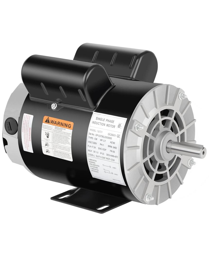 Air Compressor Electric Motor, 3.7 HP 3450 RPM, 230V Single Phase, 56 Frame 5/8" Keyed Shaft 60 Hz, Commercial-Duty CCW Rotation, 1.88 Shaft Length for Air Compressors