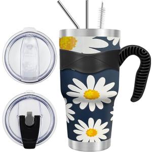 WETOWETO 30 oz Tumbler Stainless Steel Vacuum Insulated Coffee Cup with Handle, Double Wall Vacuum Coffee Tumbler for Hot and Cold drinks, Suitable for Beach, Travel (Daisy Flower, 1 Pack)