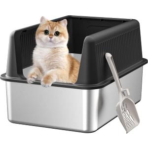 Stainless Steel Cat Litter Box with Lid,XL,19.7 L x 13.8 W x 11.8H Deep,Large Metal Litter Box with High Side,for Small and Large Cats,Anti-Leakage Non-Sticky Easy Cleaning Include Litter Scoop