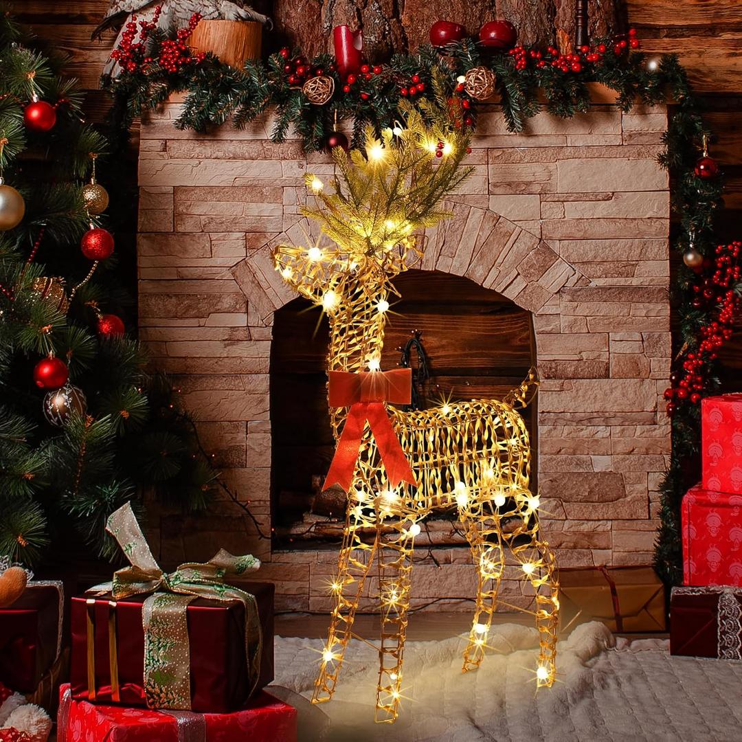 Christmas Reindeer Outdoor 47.2" H Reindeer DecorationLight Up 3D Rattan Standing Christmas Deer with 70 Warm Led Lights for Xmas Outdoor Indoor Holiday Yard Garden Decoration (4FT)