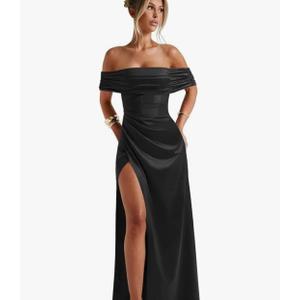 Off Shoulder Mermaid Prom Dresses Long Pleated Satin Formal Evening Gown with Slit L