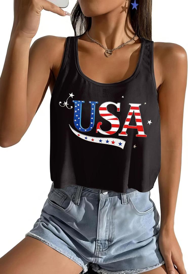 Women's American Flag Tank Top, USA Patriotic Sleeveless Crop Tops, 4th of July Camis Shirt (US, Alpha, X-Large, Regular, Regular, Black-113) (Black, XL)