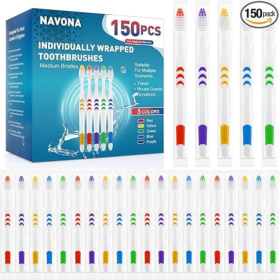 Navona 150 PCS Individually Wrapped Bulk Toothbrush Pack, Disposable Soft Bristle for Adult or Kid, Ergonomic Handle, Perfect for Travel, Hotel, Donatio