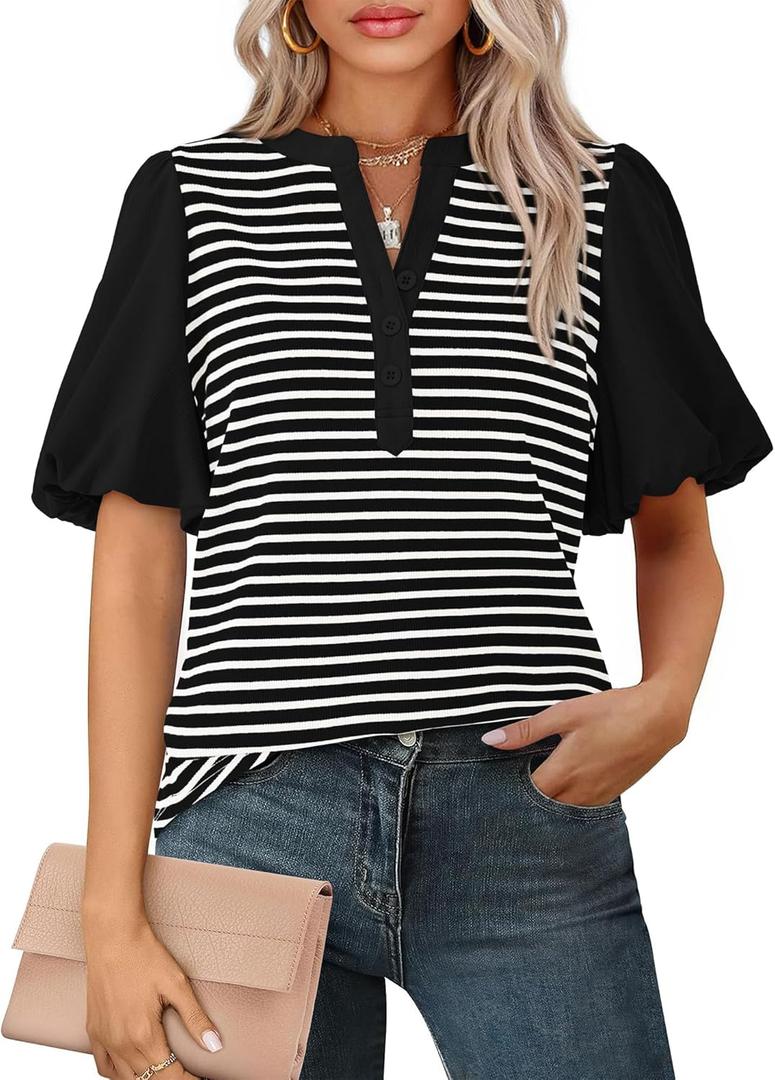 BTFBM Puff Sleeve Tops for Women Dressy Summer Vacation Outfits 2025 V Neck Casual Button Up Shirts Loose Striped Blouse (S)