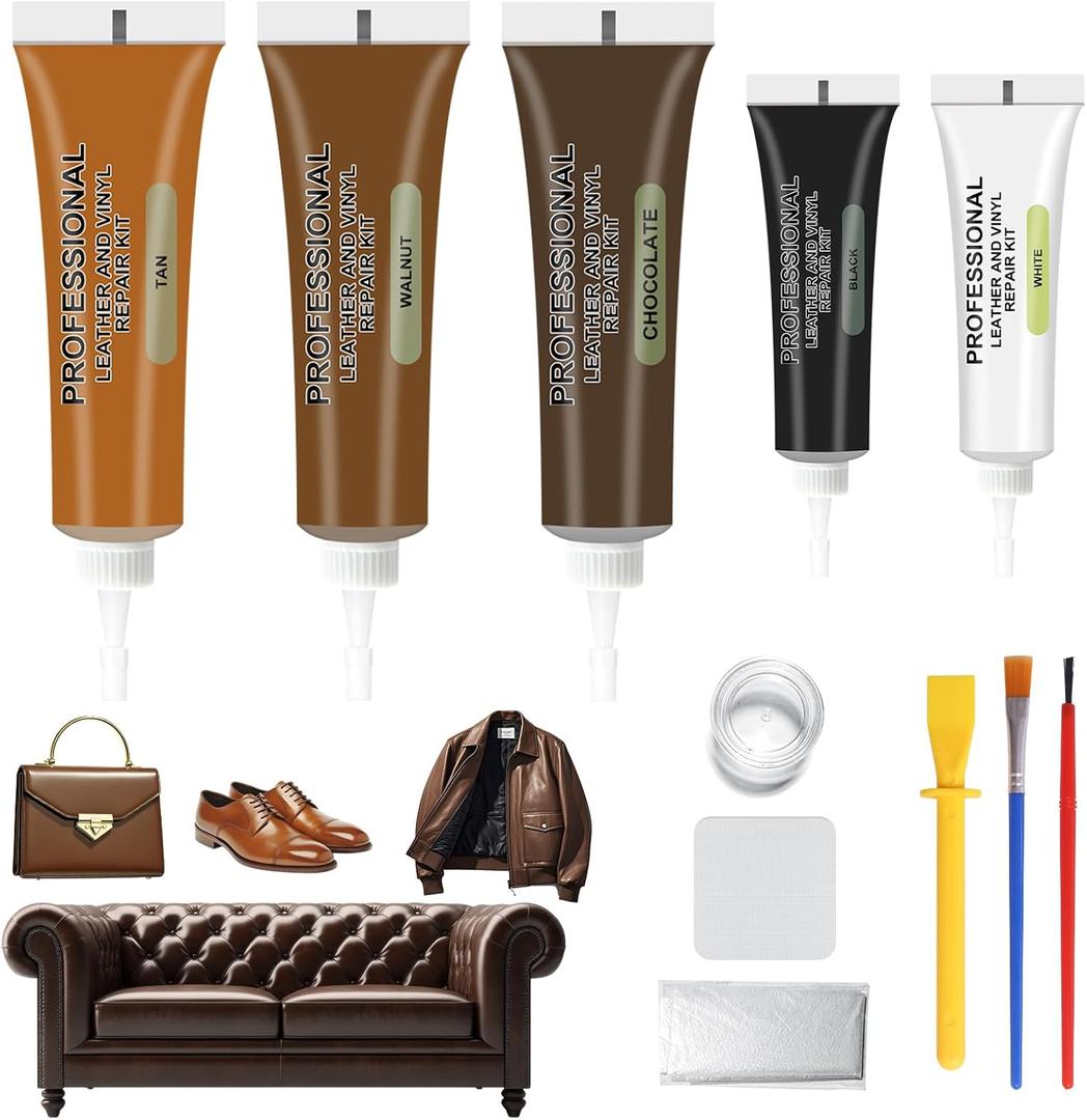 Brown Leather Repair Kit for Furniture, Leather Vinyl Repair Kit for Car Interior,Couch, Jacket, and Purse - Fixes Tears, Burn Holes, and Scratches, Restores Any Material, Bonded, Pleather, Genuine