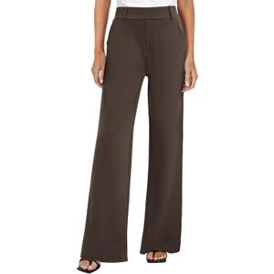 FireSwan Women's Wide Leg Dress Pants High Waisted Stretchy Work Trousers Business Casual Office Pull on Slacks with Pockets (Medium, Brown)