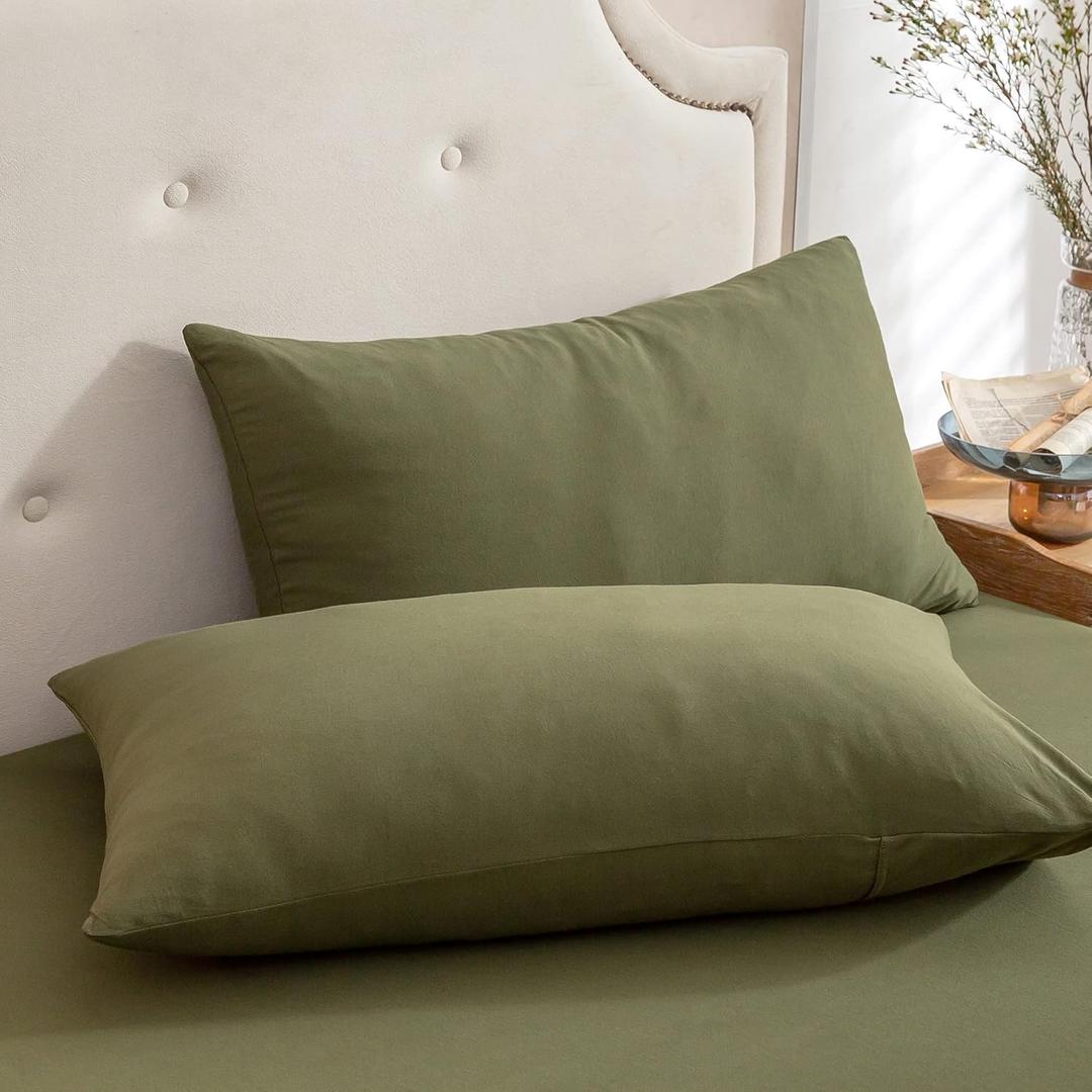 PURE ERA Jersey Knit Pillowcases 100% T-Shirt Cotton Super Soft Comfy Breathable, Set of 2, 20" x 30", Solid Olive Green