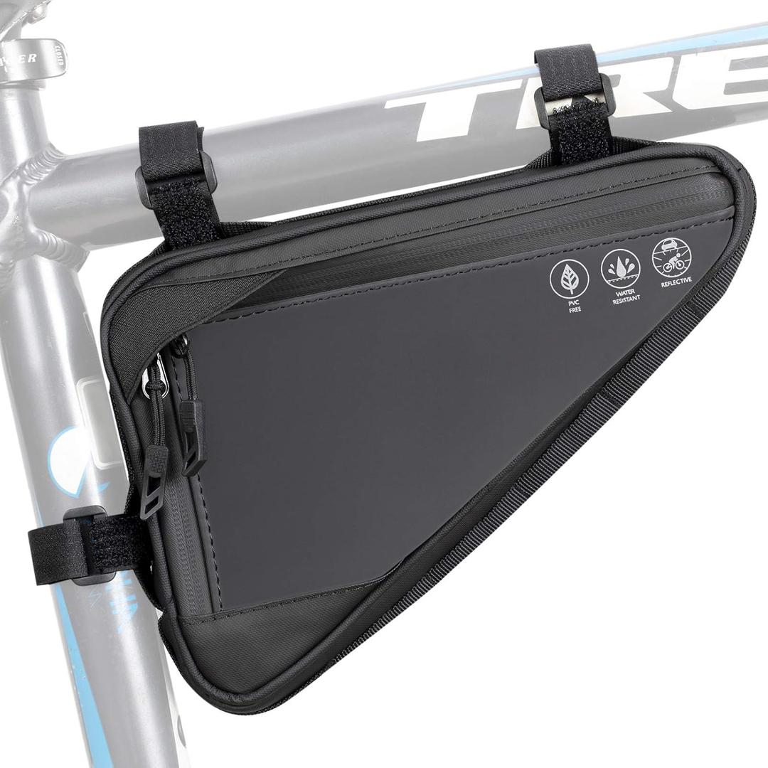 WOTOW Bike Frame Storage Bag, Water Resistant Reflective Bicycle Triangle Bag with Two Side Pockets, Strap-On Under Seat Tool Accessories Pouch for Mountain Road Bike Trip (2L) (Black)
