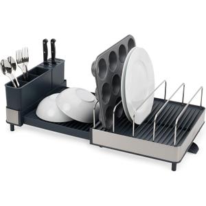 Joseph Joseph Extend Max Steel Expanding Dish Drying Rack, high Capacity for Large Items, Cutlery and Knife Holder, Swivel Draining Spout, Stainless Steel (Gray)