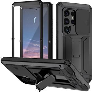 Compatible for Samsung Galaxy S25 Metal Case with Slide Camera Cover Built in Screen Protector Full Body Hybrid Stand Military Heavy duty Armor Aluminium Silicone Case For Man Construction Black
