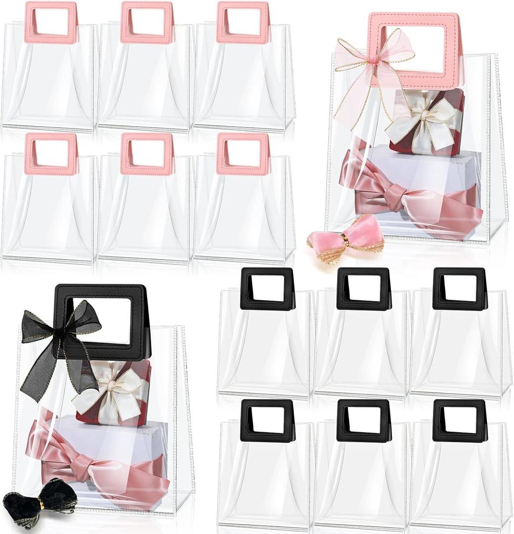 Fulmoon 12 Pcs Clear Gift Bag with Handle and Sheer Ribbon Reusable Transparent PVC Gift Bag for Bridal Party, Baby Shower, Wedding, Birthday, 7 x 4 x 8 Inch(Pink, Black)