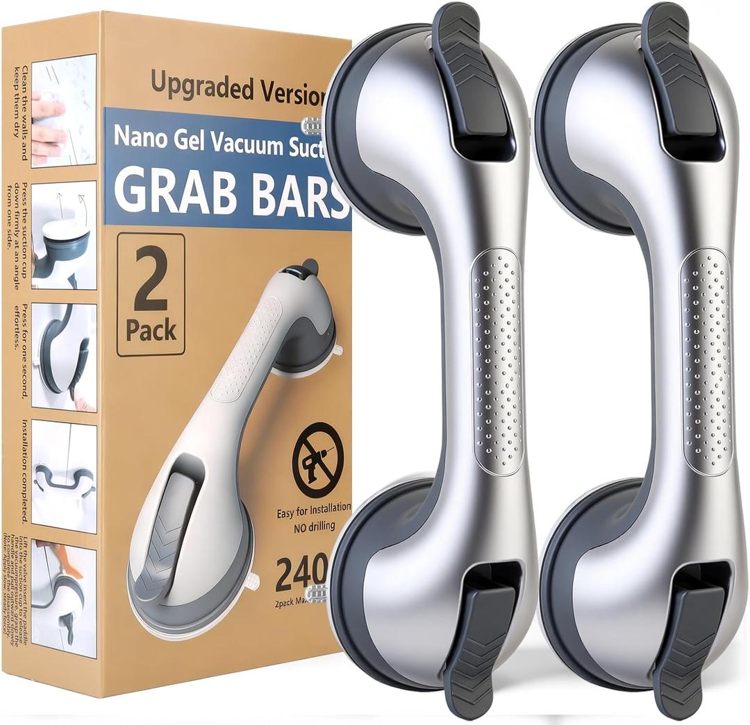 2 Pack Grab Bars for Shower Handle, Elderly Assistance Products, Seniors Removable Bar Safety, Suction Cup Handles for Bathtubs and Showers/Bathroom/Walls, Heavy Duty Handrails Grip,No Drilling Sliver