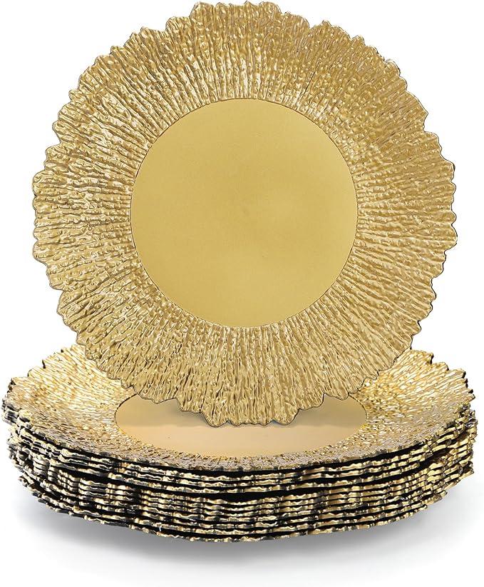 Coloch Set of 12 Plastic Charger Plates, 13" Reusable Reef Serving Chargers for Dinner Plate Round Shiny Decorative Charger Plate for Wedding, Catering, Parties, Restaurant, Home Dinner Use (Gold)