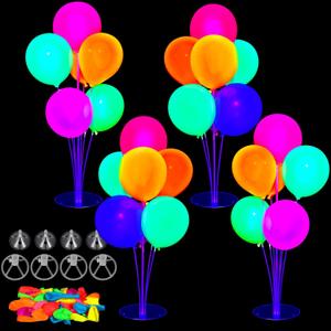 4 Set UV Neon Light up Glow in the Dark Balloon Stand Centerpiece Table Decorations Black Light Fluorescent Latex Birthday Balloon for Party Decorations