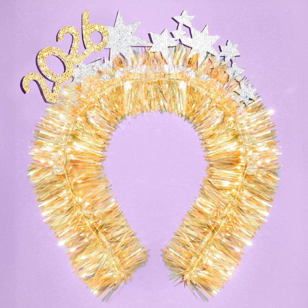 Xo, Fetti NYE 2026 Headband | Gold Glitter, Silver Stars, New Years Eve Party Accessories, Photo Booth Props, Sparkly Tinsel, Girls Night Glam