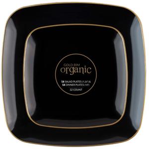 Organic Square Plates Black Gold Rim Combo 7.25" + 10" Case of 128 (4 packs x 32)