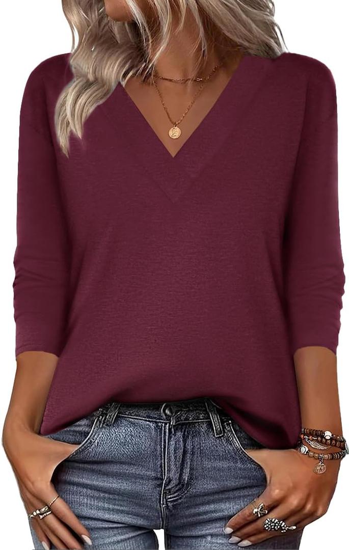 Zeagoo Women Long Sleeve Tops Dressy Casual V Neck Tshirts Basics Tee 2025 Fall Trendy Clothes (Small, Red)
