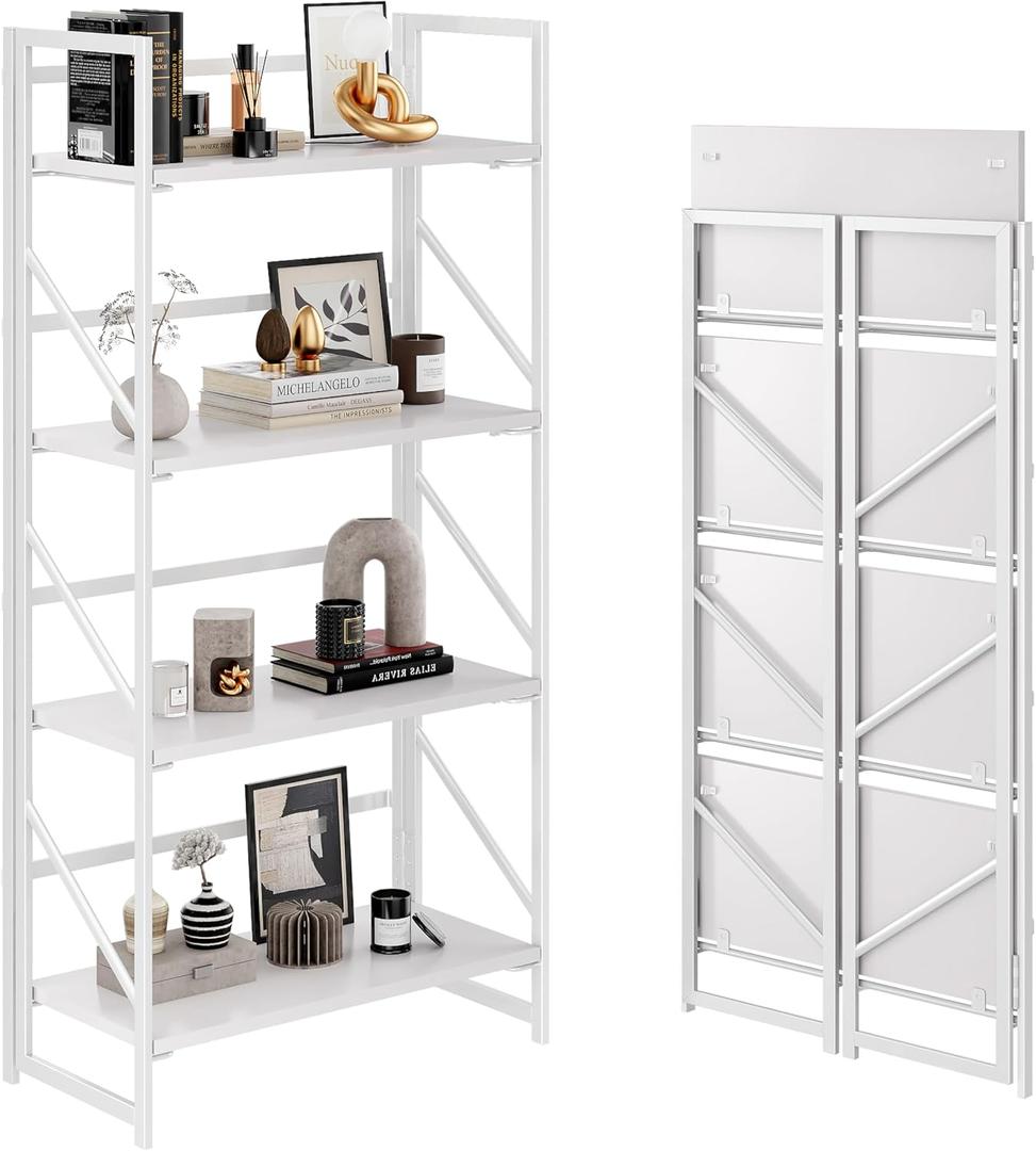 JSB No Assembly Folding Bookshelf, 4 Tier Industrial Metal Book Shelf for Storage, Vintage Wood Foldable Bookcase for Living Room, Bedroom, Office Organization Shelves, Flat Tube 4-Tier