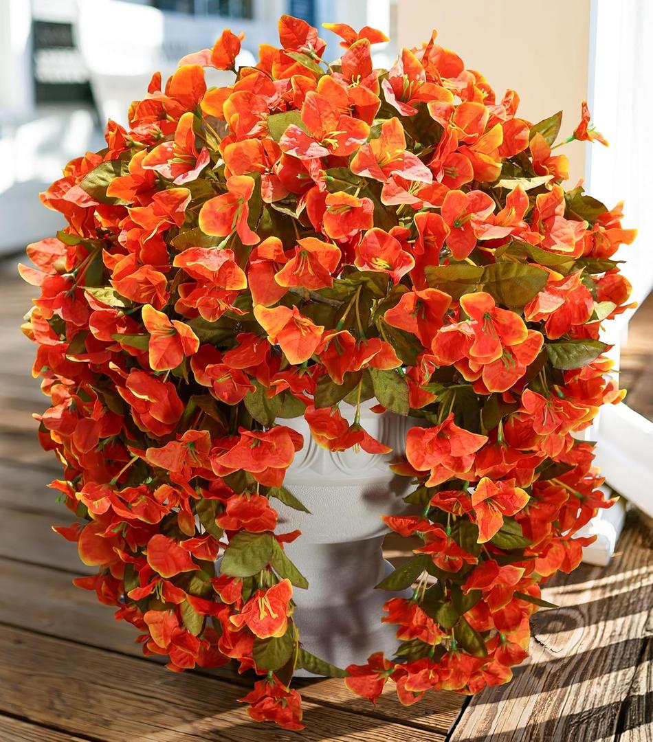 Bougainvillea Artificial Flowers Plants for Outdoors Outside Fall Autumn Decor, 2 pcs Faux Silk Long Trailing Vines UV Resistant Look Real Orange Fake Flowers for Front Door Porch Planter Urn Patio