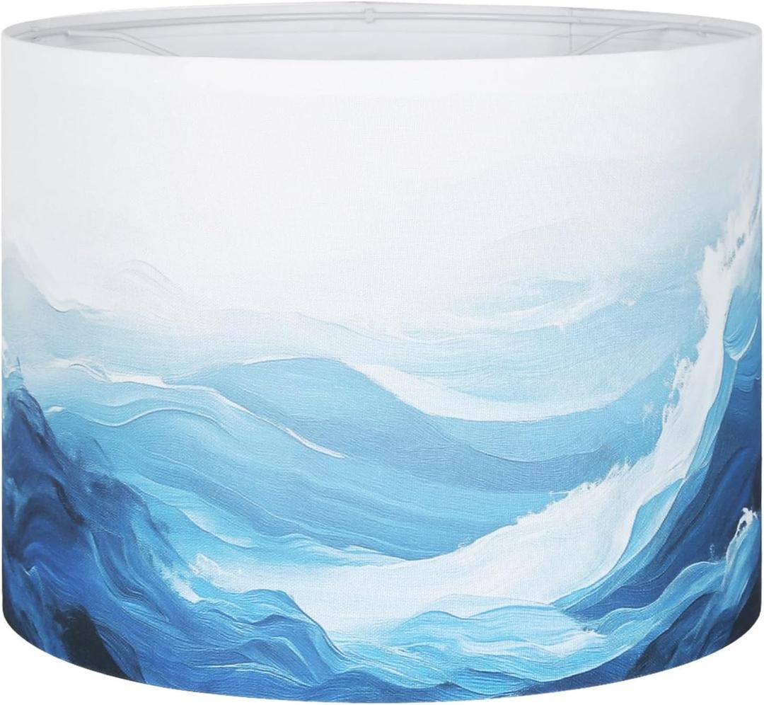 Lamp Shades for Table Lamps, 13 "Top x 13" Bottom x 10 "Heigh(Spider) Blue Lamps Shades with Waves and Oceans, Lamps Shades, Fabric Drum Lamp Shades, Support E26/E14 Base(1Pack)