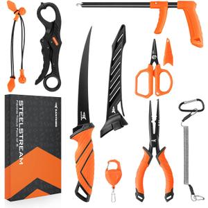 KastKing SteelStream 8pc Fishing Tool Kit - Fishing Pliers with Lanyard, Fillet Knife, Floating Fish Lip Gripper, Fishing Braid Scissors, Tool Retractor, Fishing Hook Remover, Bungee Cords