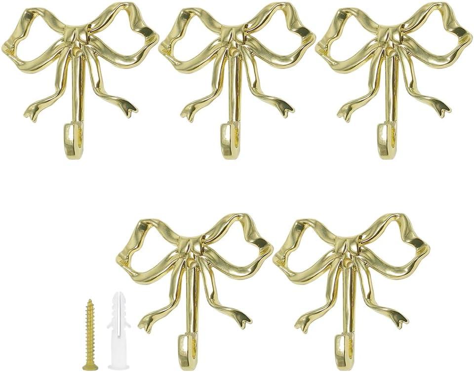 5Pcs Bow Wall Hooks - MfhdgXAvs Gold Decorative Coat/Towel Hooks for Bathroom, Bowknot Hangers with Screws, Alloy Cute Shower Curtain & Robe Hook, Heavy Duty Home Decor (Gold)
