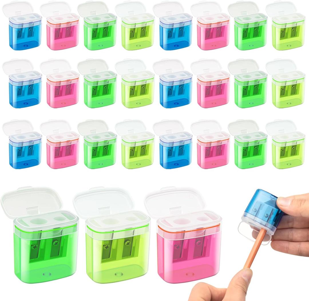 24 Pcs 2 Holes Small Manual Pencil Sharpener with Lid, Colored Handheld Dual Hole Pencil Sharpeners Bulk, Crayon Colored Pencils Sharpener, Pencil Sharpener for Kids, Office, School, Classroom