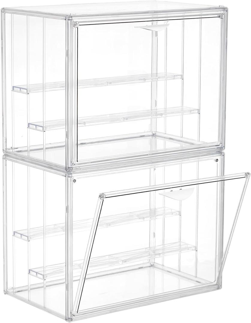 Acrylic Display Case for Collectibles 3 Layer Adjustable Figure Display Cases with Magnetic Door Clear Stackable Display Box for Figures Showcase, 2 Packs