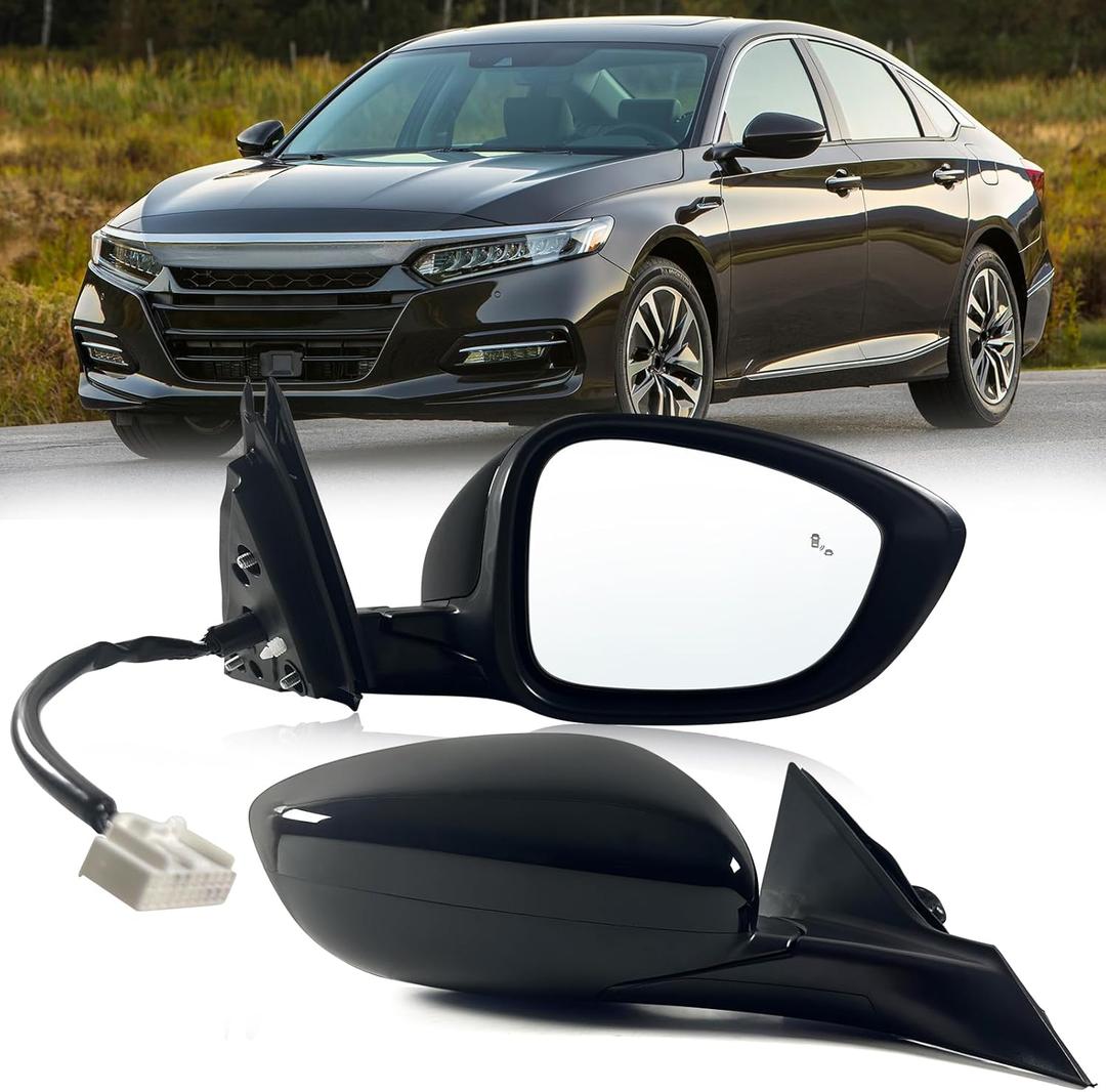 Left Driver Mirror Fits 2018-2022 Honda Accord LX, Sport With Power Glass Heated Blind Spot Detection and Manual Folding Match to Crystal Black Pearl Replace HO1320329 (7Pins)