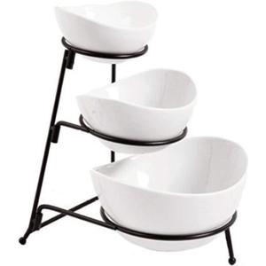 Partito Bella 3 Tier White Oval Bowl Set with Collapsible Thicker Metal Rack - Perfect Display for Chips, Dips, Candy, Fruit and More Collapsible Stand with Nesting Bowls for Easy Storage