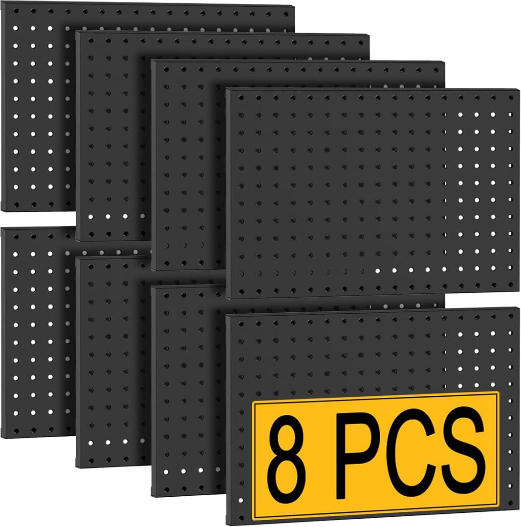 PBHEPJ 8 Pcs Metal Pegboard Panels, Heavy Duty Peg Boards for Garage and Garden Tool Storage, Includes Drywall Anchors and Screws Kits, Black (8 pcs 16in x 12in), 64" x 24"