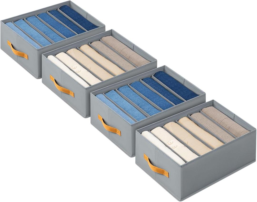 DIMJ Large Wardrobe Clothes Organizers - Foldable Closet Clothing Organizer for Jean Sweater Shirt Pants Underwear Bra, Divided Clothes Drawer, Grey Closet Shelf Organizer Boxes (4 Pack, Gray)