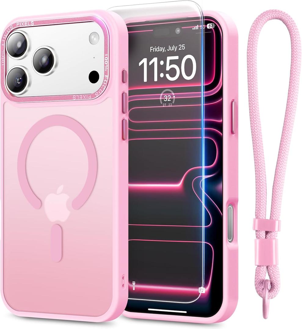 Stronger Magnetic & Shockproof for iPhone 17 Pro Case,Fit for MagSafe, with Screen Protector & Wrist Strap, Military-Grade Drop, Translucent Slim for iPhone 17 Pro Case, Chalk Pink