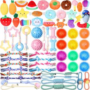 Syhood 60 Pcs Squeaky Dog Toys Bulk Stuffed Plush Chew Puppy Teething Rope Cute Spiky Chew Ball for Small Dog Pet Teething(Cute Style)