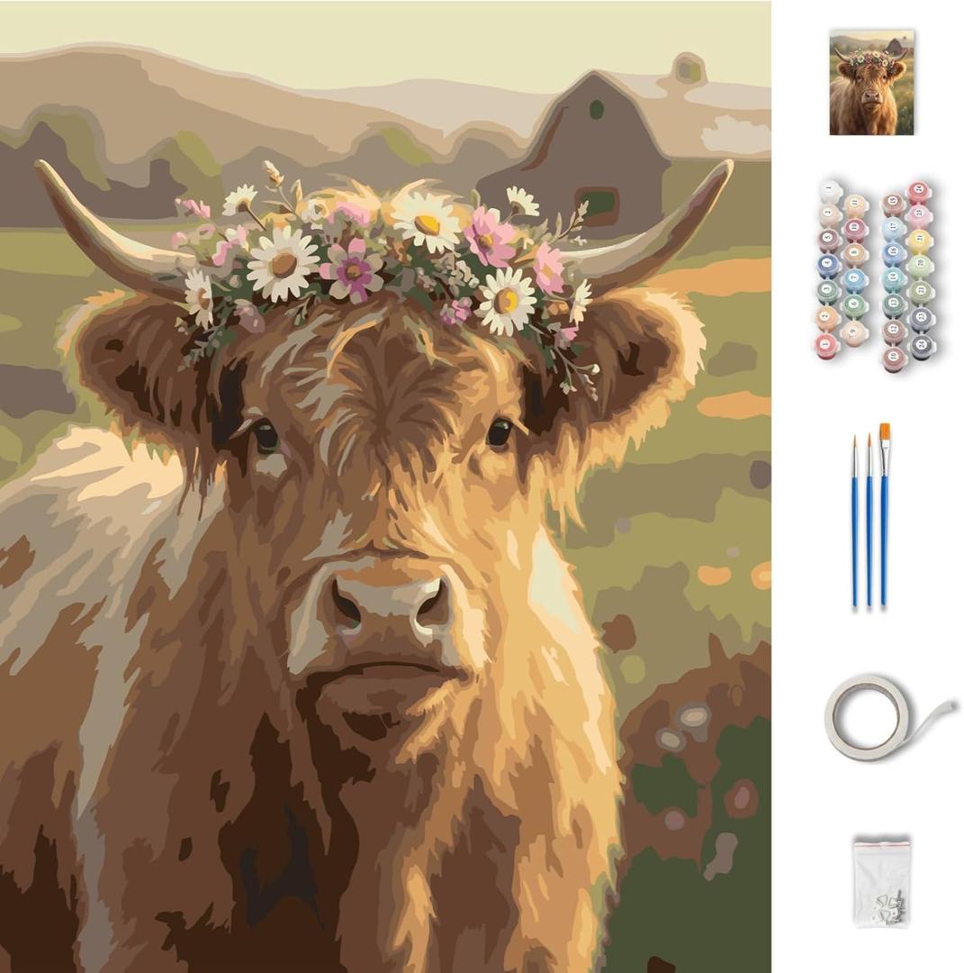 CT SUN Paint by Numbers for Adults - Rustic Farmhouse & Country Home Decor - DIY Painting Kits on Canvas - Highland Cow, Vintage Barn, Tractor & Scenery - Relaxing Hobby - 16"x20" (Highland Cow)