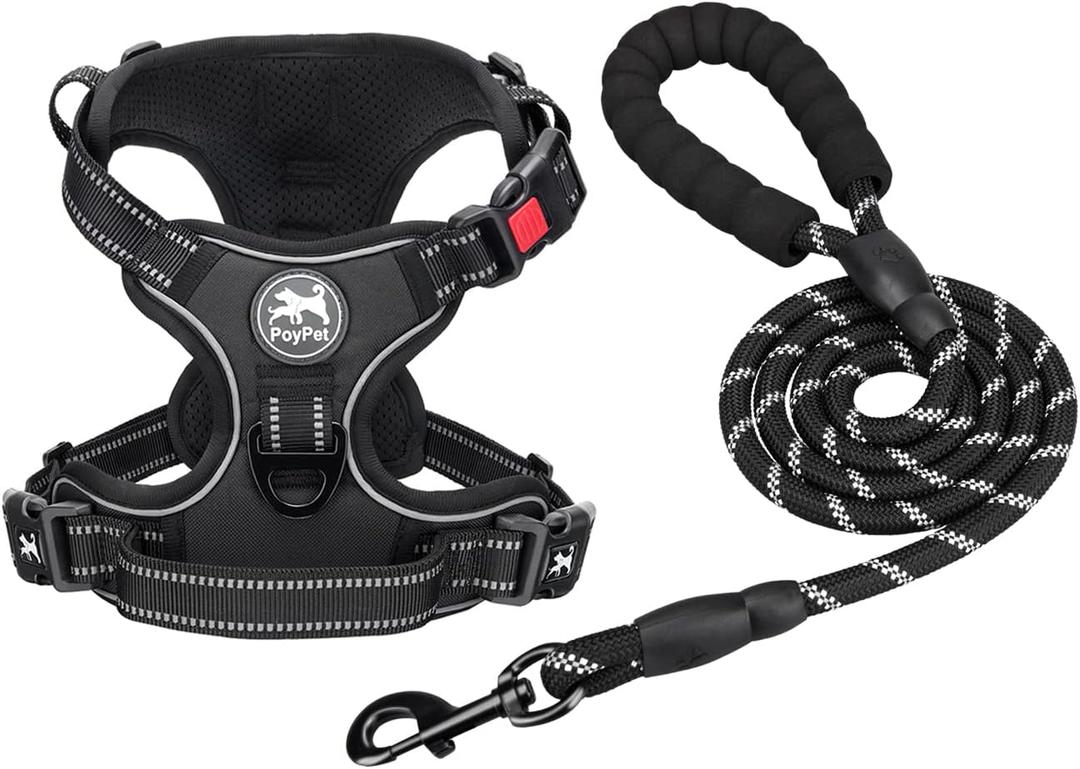 PoyPet Dog Harness and Leash Combo, Escape Proof No Pull Vest Harness, with 5 Feet Leash, Reflective Adjustable Soft Padded Pet Harness with Handle for Small to Large Dogs (Black,M)