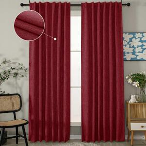 INLINAS Faux Linen Knotted Texture Blackout Curtains - 100% Light Blocking, Noise Reducing Triple Layer Fabric Back Tab and Rod Pocket for Bedroom, Set of 2, Burgundy Red, 52 x 96 Inch