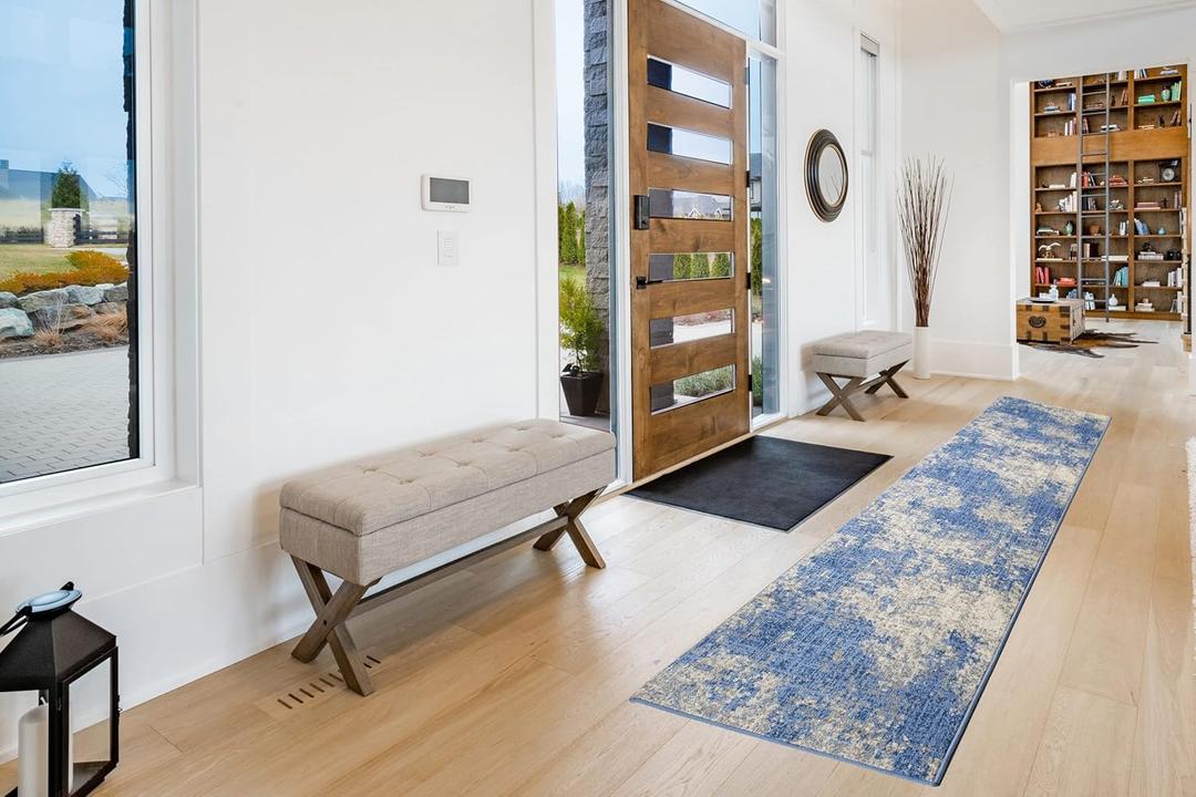 ShadesU Easy Clean Abstract Design Non-Slip Hallway Runner Rug Carpet Low-Pile 0,3" Non Slip Backed (Blue Color, 31inch Wide x 5ft Length)